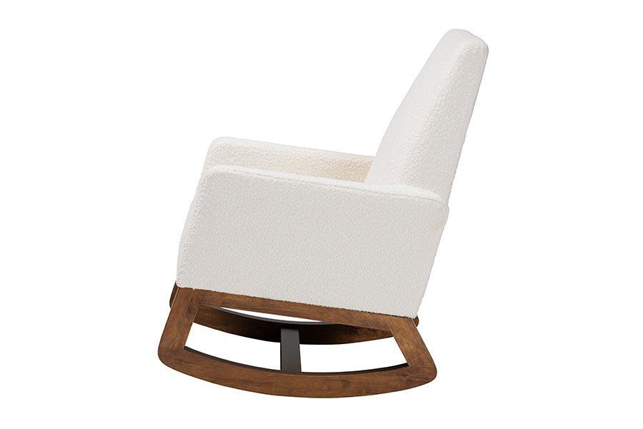Yashiya Mid-Century Modern Off-White Boucle Upholstered and Walnut Brown Finished Wood Rocking Chair FredCo