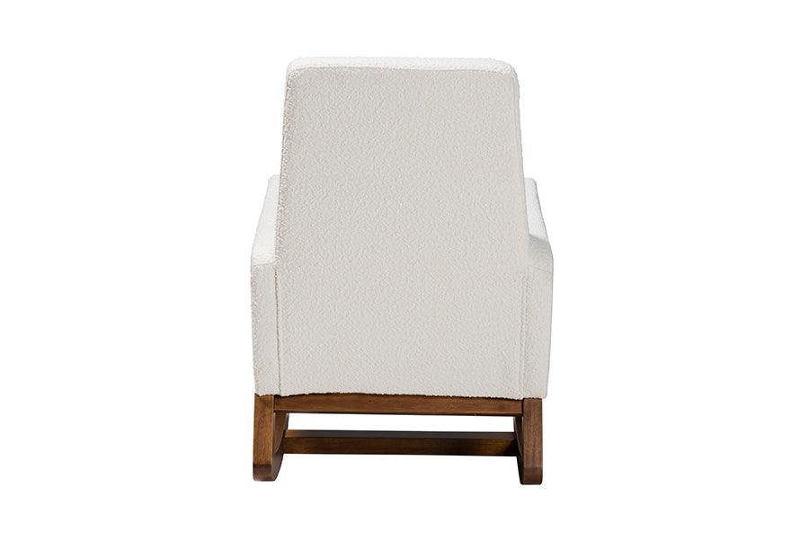 Yashiya Mid-Century Modern Off-White Boucle Upholstered and Walnut Brown Finished Wood Rocking Chair FredCo
