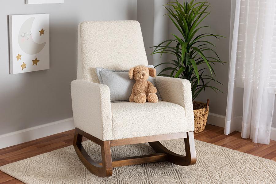 Yashiya Mid-Century Modern Off-White Boucle Upholstered and Walnut Brown Finished Wood Rocking Chair FredCo