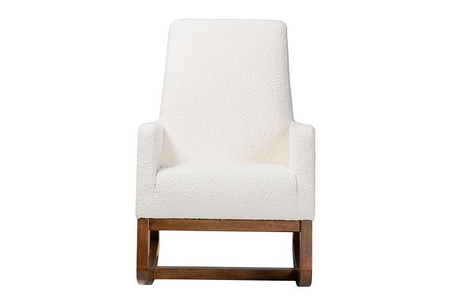 Yashiya Mid-Century Modern Off-White Boucle Upholstered and Walnut Brown Finished Wood Rocking Chair FredCo