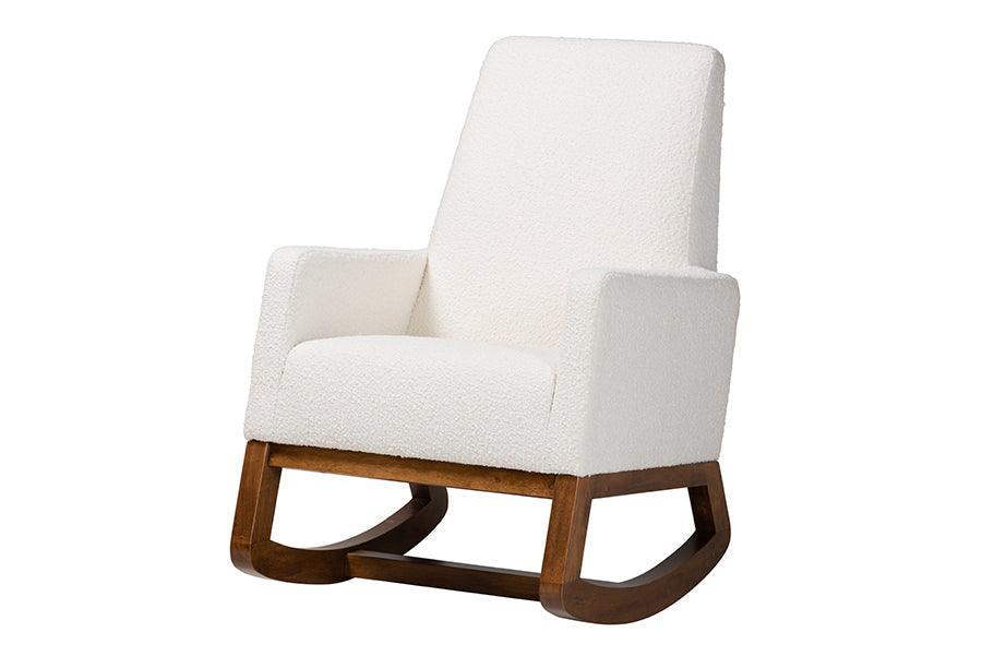 Yashiya Mid-Century Modern Off-White Boucle Upholstered and Walnut Brown Finished Wood Rocking Chair FredCo