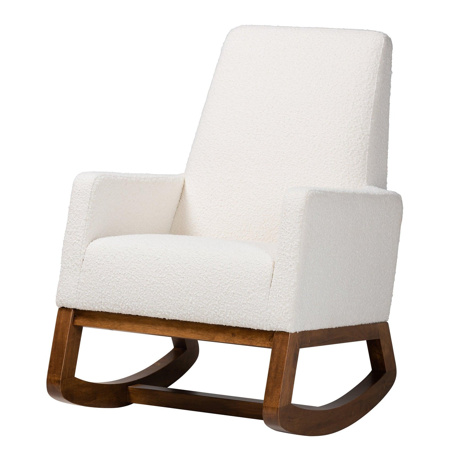 Yashiya Mid-Century Modern Off-White Boucle Upholstered and Walnut Brown Finished Wood Rocking Chair FredCo