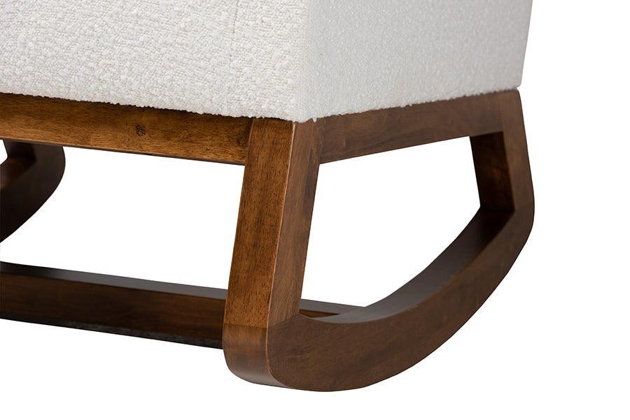 Yashiya Mid-Century Modern Off-White Boucle Upholstered and Walnut Brown Finished Wood Rocking Chair FredCo