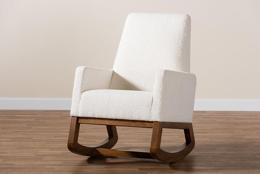 Yashiya Mid-Century Modern Off-White Boucle Upholstered and Walnut Brown Finished Wood Rocking Chair FredCo