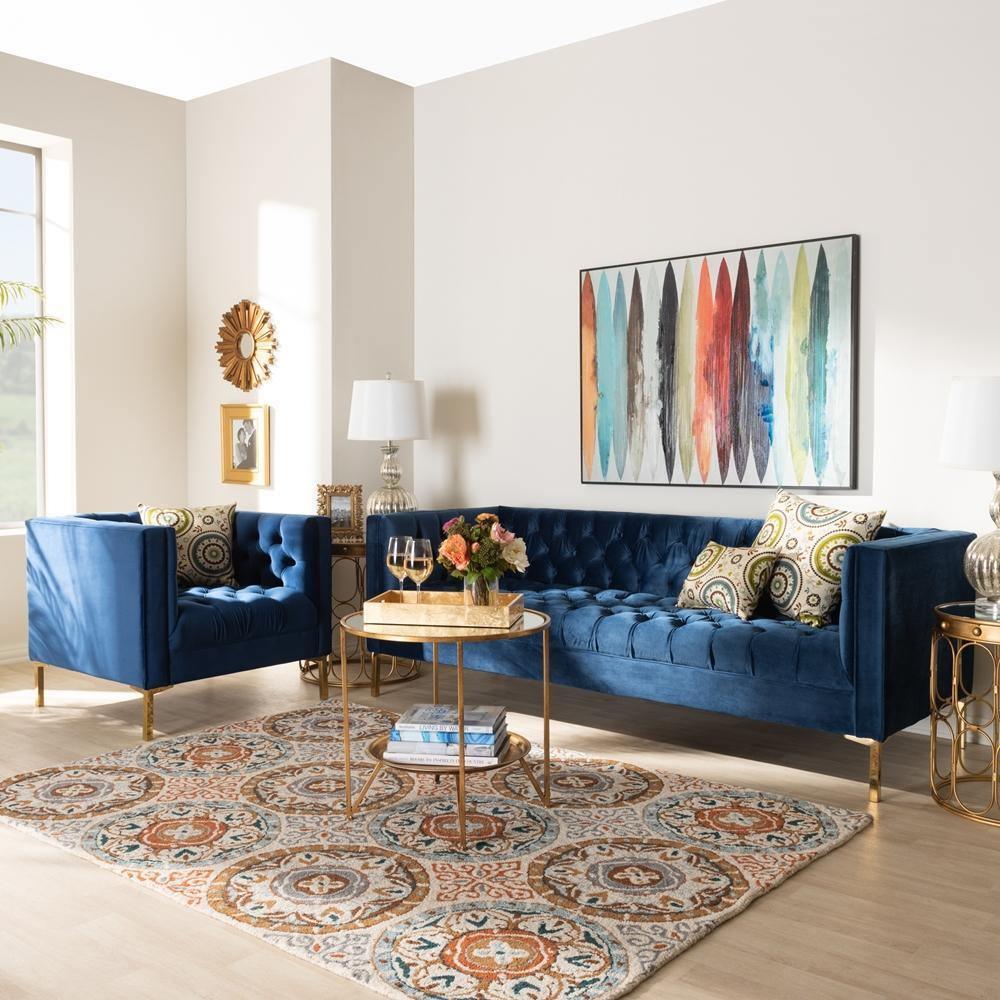 Zanetta Glam and Luxe Navy Velvet Upholstered Gold Finished 2-Piece Sofa and Lounge Chair Set FredCo