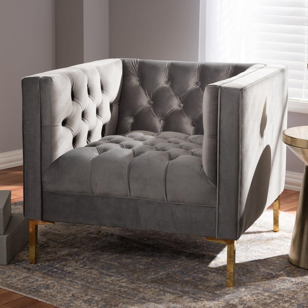Zanetta Luxe and Glamour Grey Velvet Upholstered Gold Finished Lounge Chair FredCo