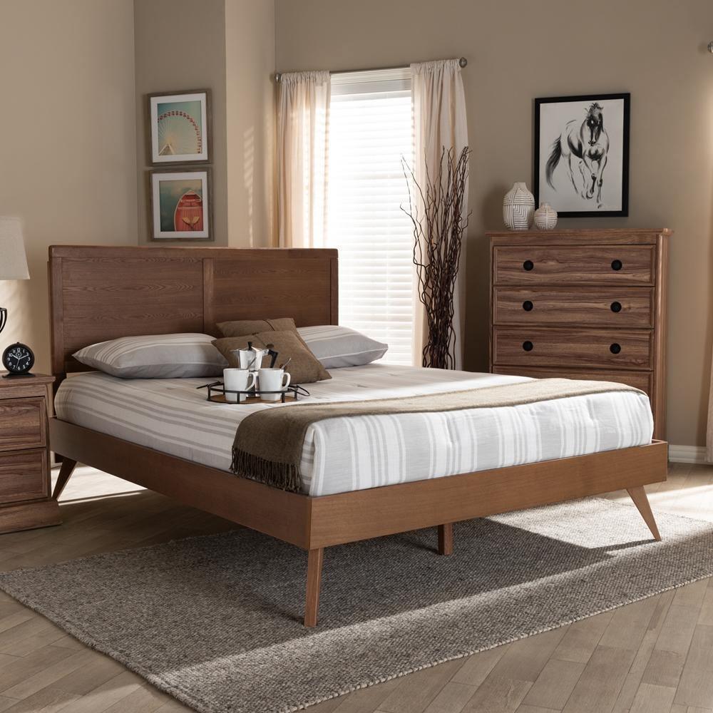 Zenon Mid-Century Modern Walnut Brown Finished Wood Full Size Platform Bed FredCo