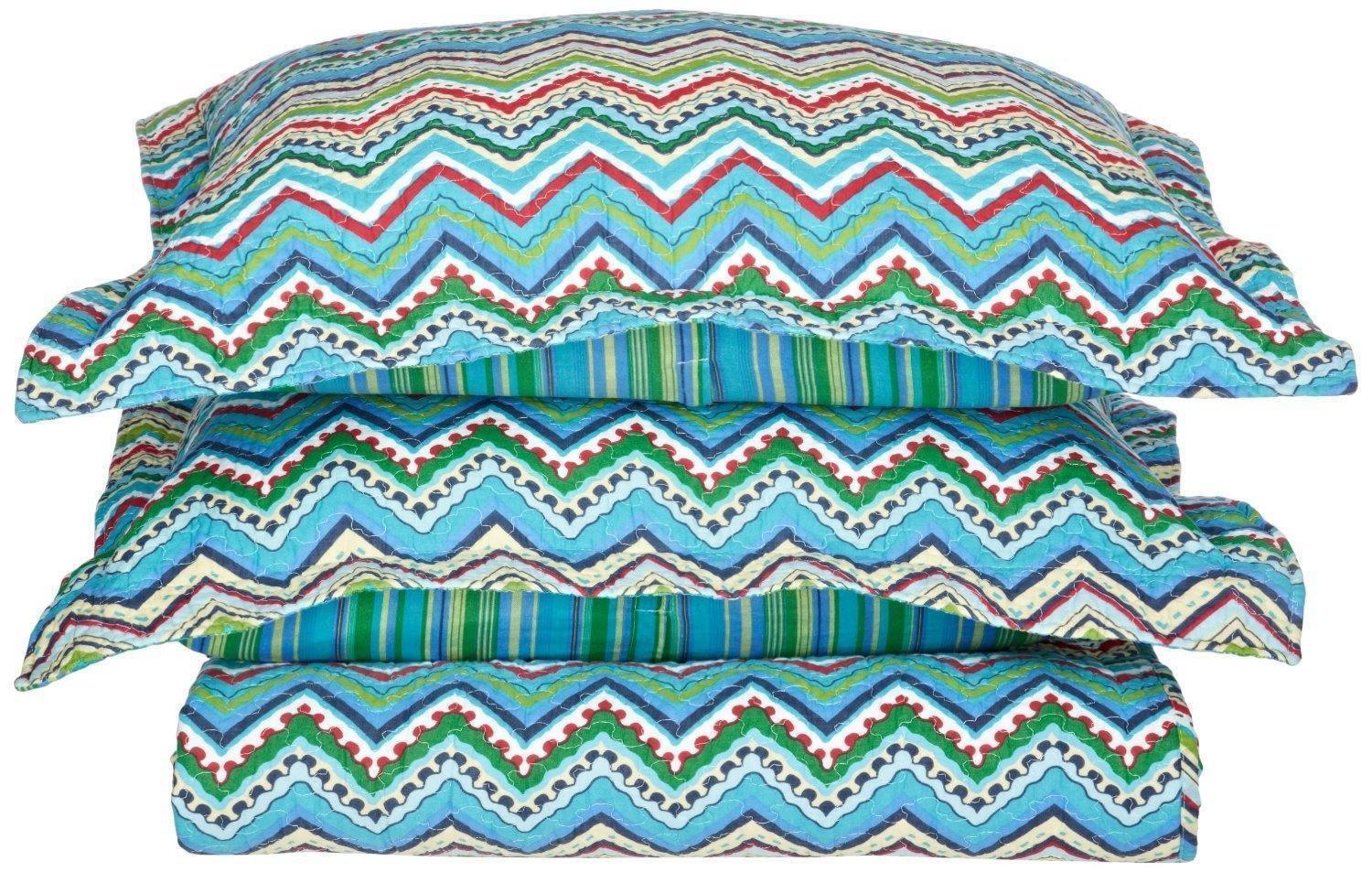 ZIGZAG Quilt Set, 100% Soft Cotton, Hippie Design, 3-Piece Set FredCo
